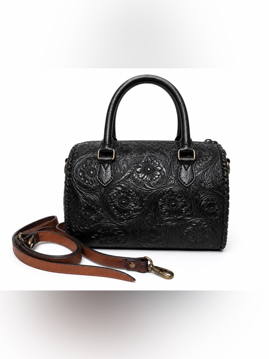 Handmade Handbags - Hand Tooled Leather Speedy Bag Black Floral Western Satchel Large